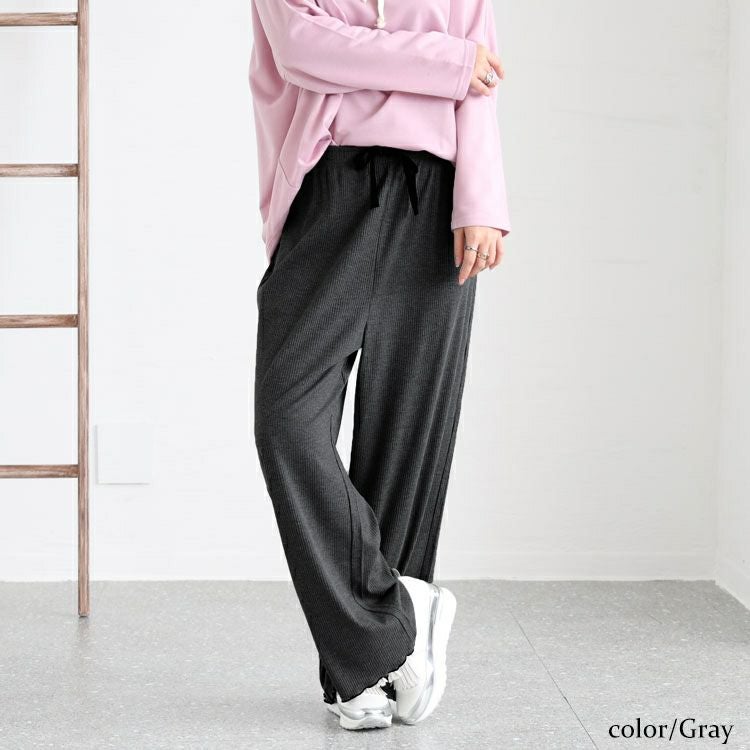 大きいサイズ レディース 裾メローリブワイドパンツ　humio-066