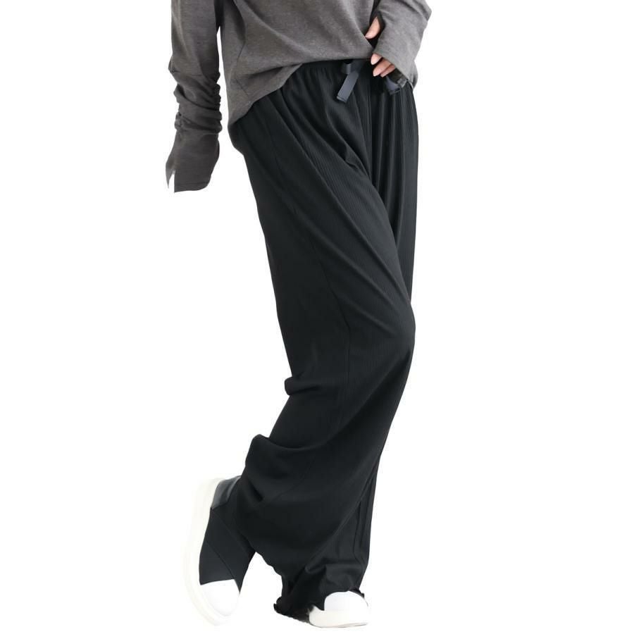 大きいサイズ レディース 裾メローリブワイドパンツ　humio-066 ブラック