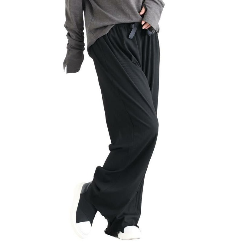 大きいサイズ レディース 裾メローリブワイドパンツ　humio-066 ブラック