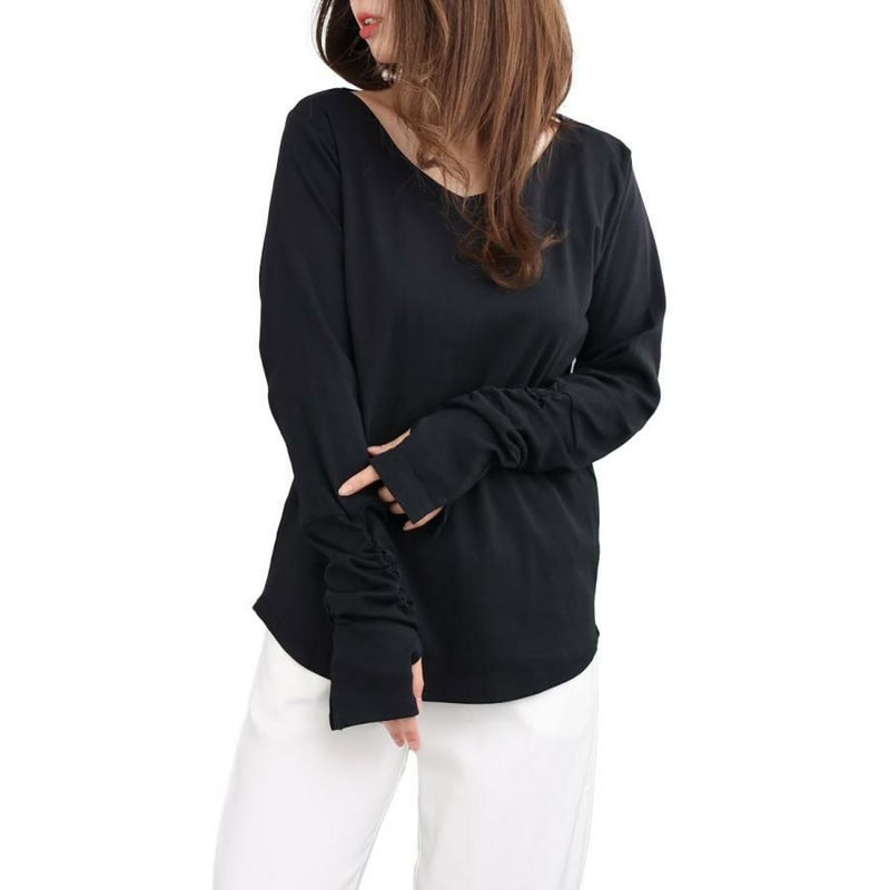 大きいサイズ レディース 指穴Vネックカットソー　wk-0334 ブラック