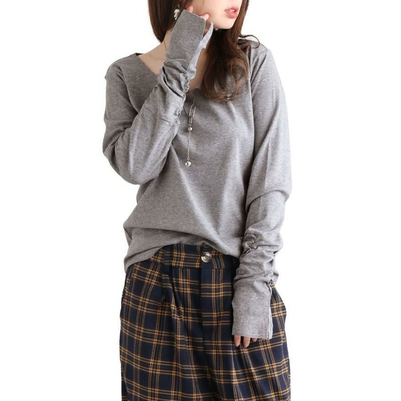 大きいサイズ レディース 指穴Vネックカットソー　wk-0334 杢グレー