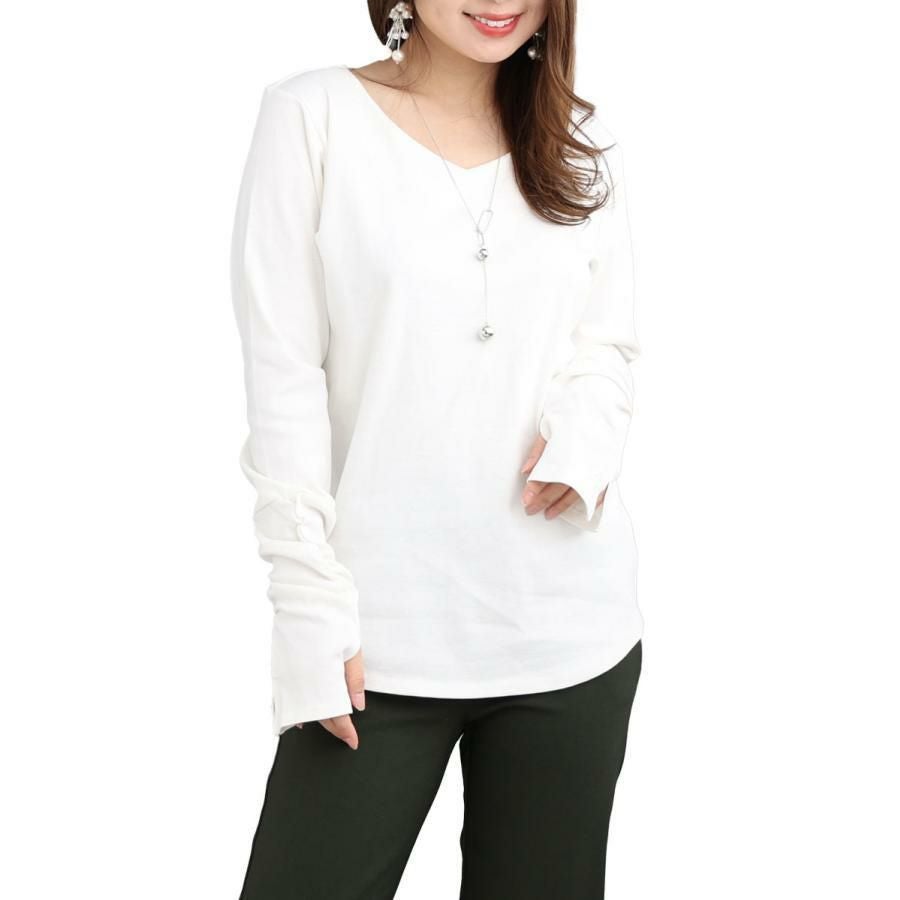 大きいサイズ レディース 指穴Vネックカットソー　wk-0334 オフホワイト