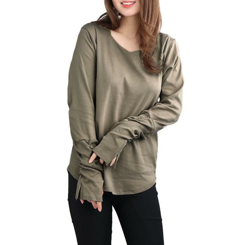 大きいサイズ レディース 指穴Vネックカットソー　wk-0334 グレーベージュ