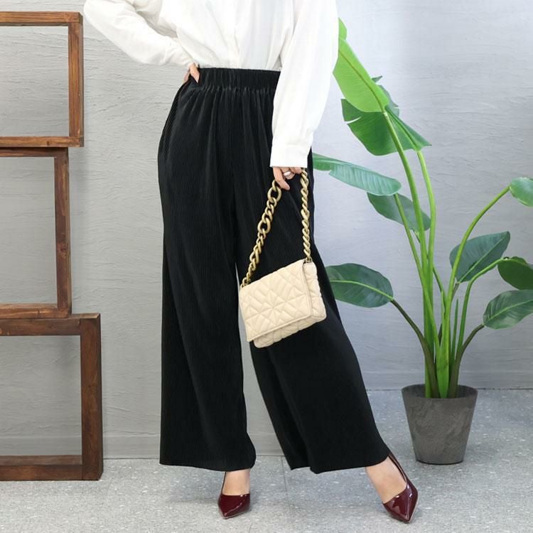 大きいサイズ レディース セルフカットプリーツパンツ　maru-6635 ブラック