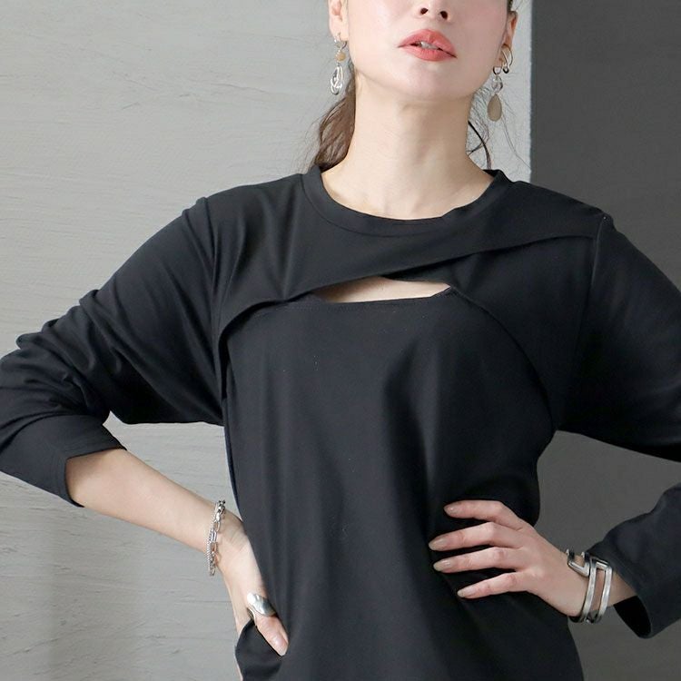 大きいサイズ レディース デコルテ胸ちょい空きデザインワンピース　bai-0125