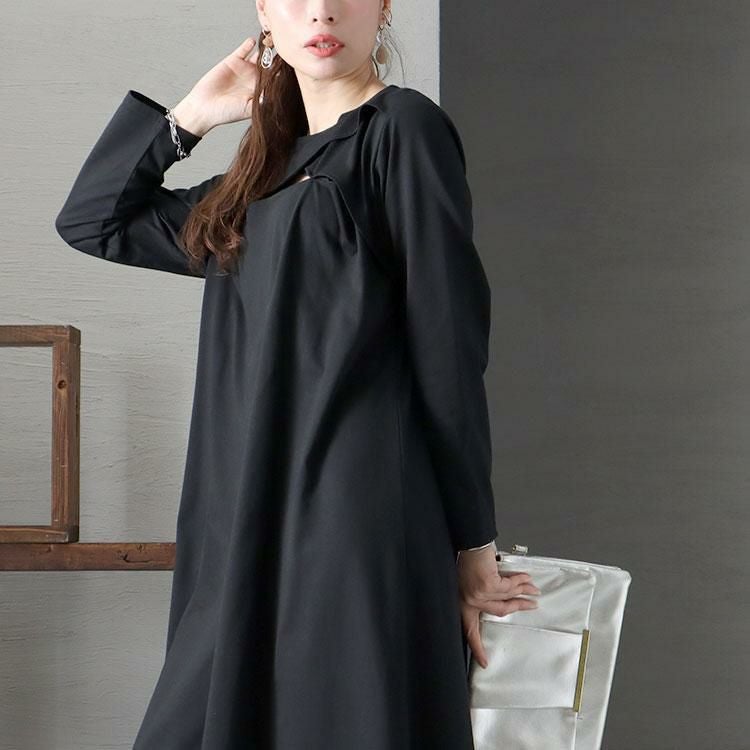 大きいサイズ レディース デコルテ胸ちょい空きデザインワンピース　bai-0125 ブラック