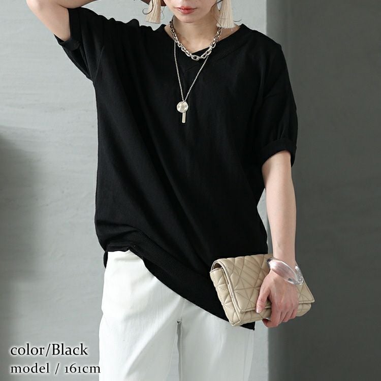 大きいサイズ レディース Vネックドルマン半袖綿ニット　wn-0008