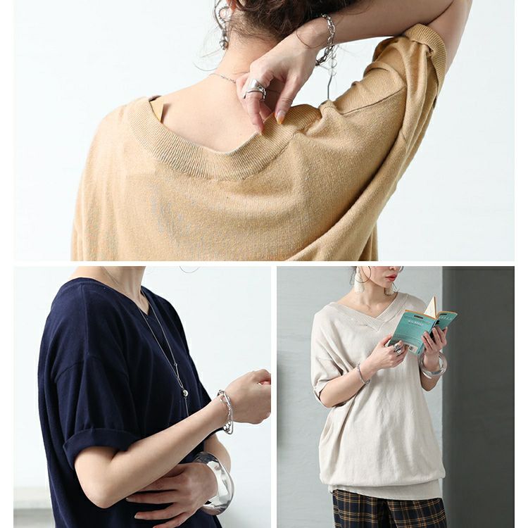 大きいサイズ レディース Vネックドルマン半袖綿ニット　wn-0008