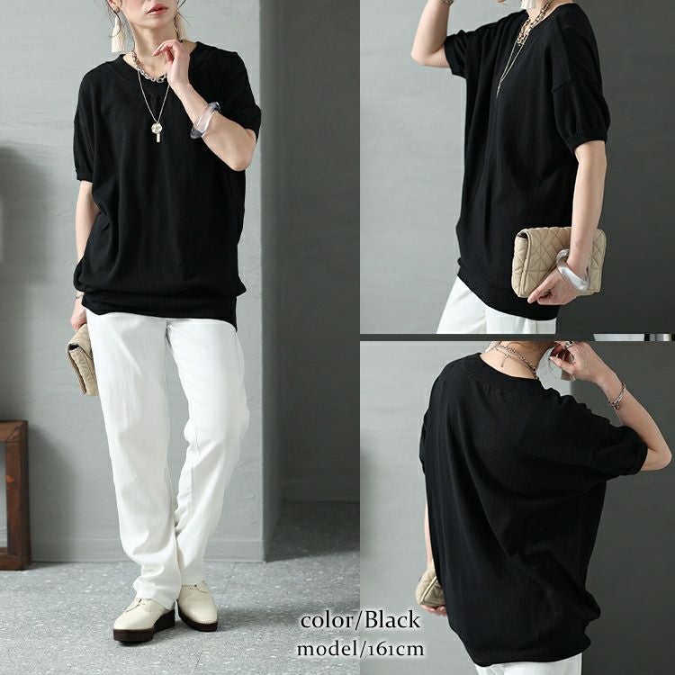 大きいサイズ レディース Vネックドルマン半袖綿ニット　wn-0008