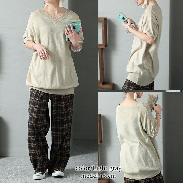 大きいサイズ レディース Vネックドルマン半袖綿ニット　wn-0008