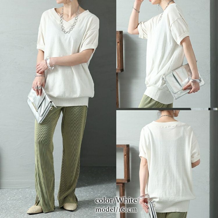 大きいサイズ レディース Vネックドルマン半袖綿ニット　wn-0008