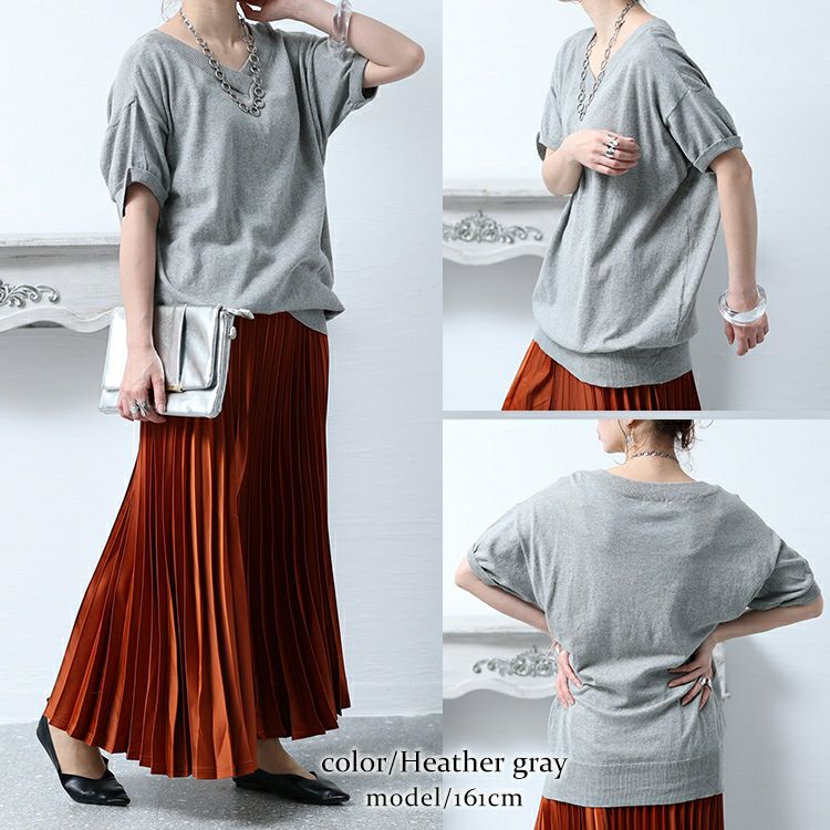 大きいサイズ レディース Vネックドルマン半袖綿ニット　wn-0008