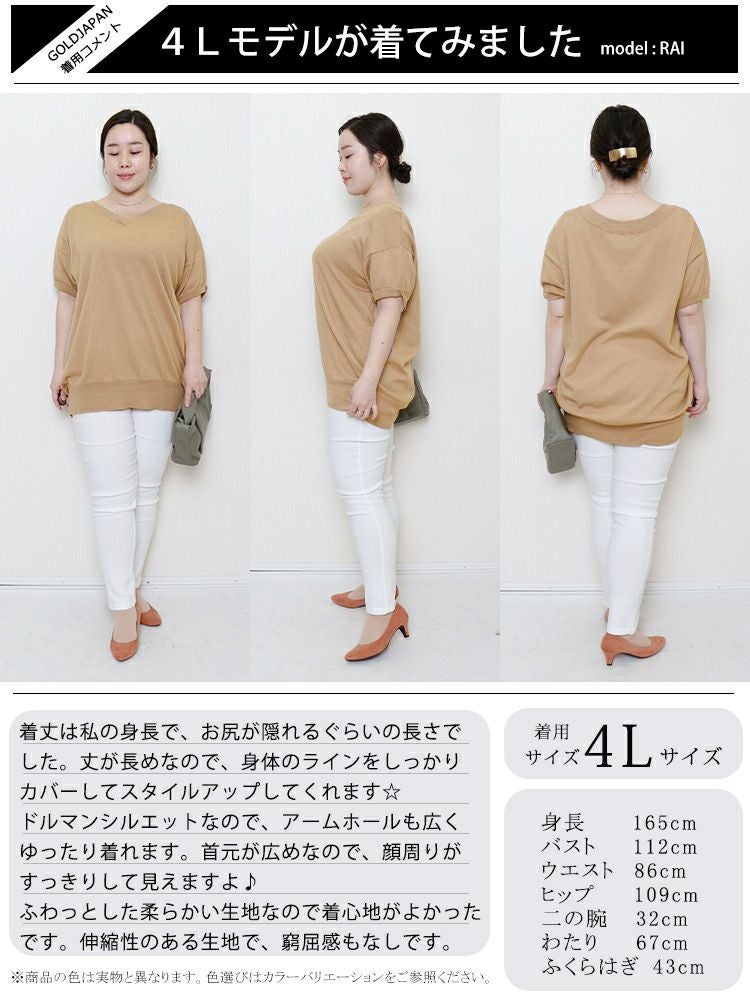 大きいサイズ レディース Vネックドルマン半袖綿ニット　wn-0008