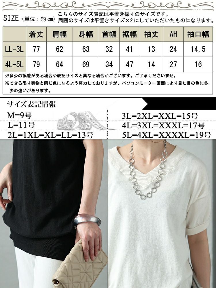 大きいサイズ レディース Vネックドルマン半袖綿ニット　wn-0008