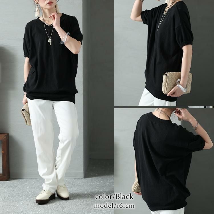 大きいサイズ レディース Vネックドルマン半袖綿ニット　wn-0008 ブラック