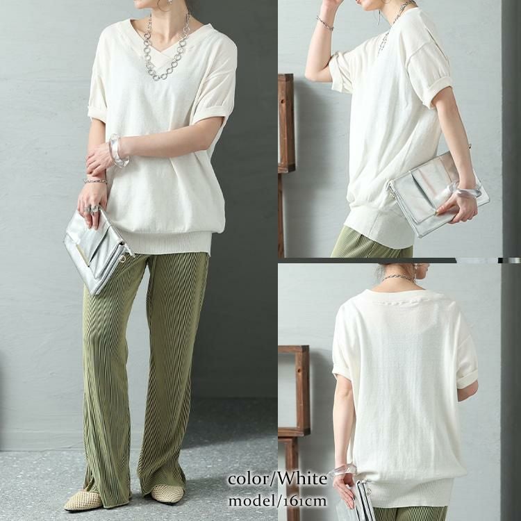 大きいサイズ レディース Vネックドルマン半袖綿ニット　wn-0008 ホワイト