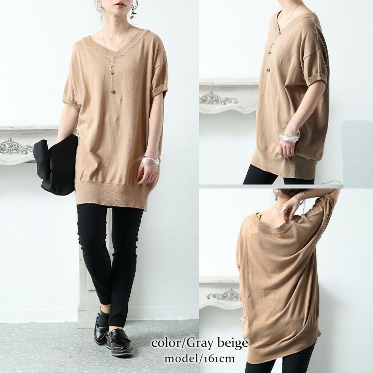 大きいサイズ レディース Vネックドルマン半袖綿ニット　wn-0008 グレーベージュ