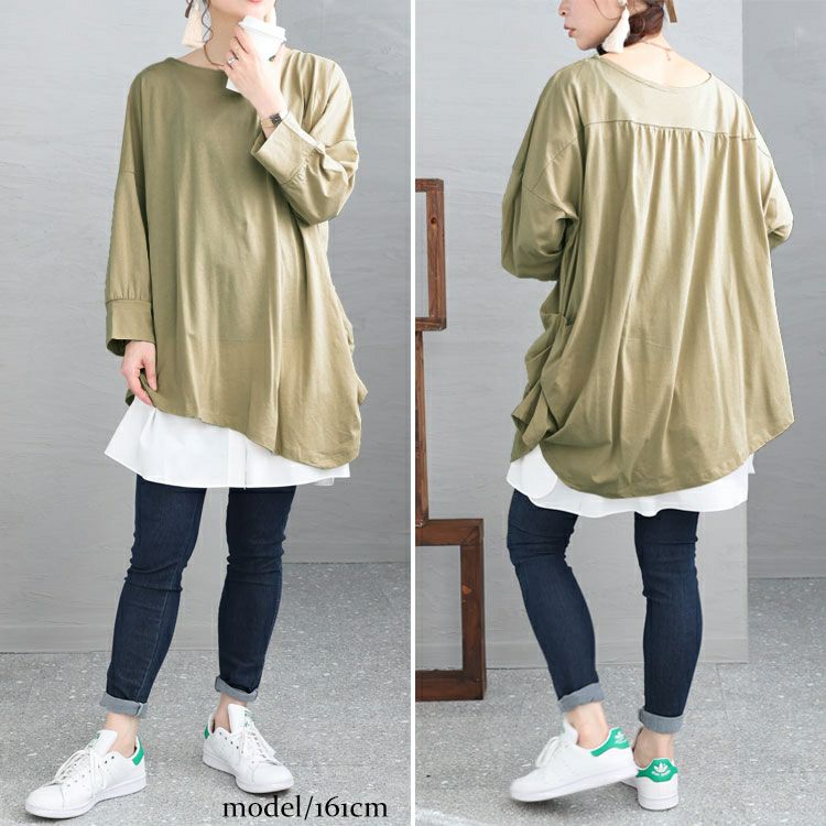 大きいサイズ レディース アシメトリー裾タックＴシャツ　wk-0166