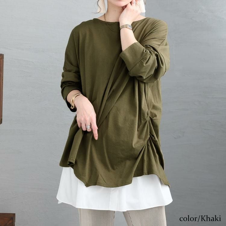 大きいサイズ レディース アシメトリー裾タックＴシャツ　wk-0166 カーキ