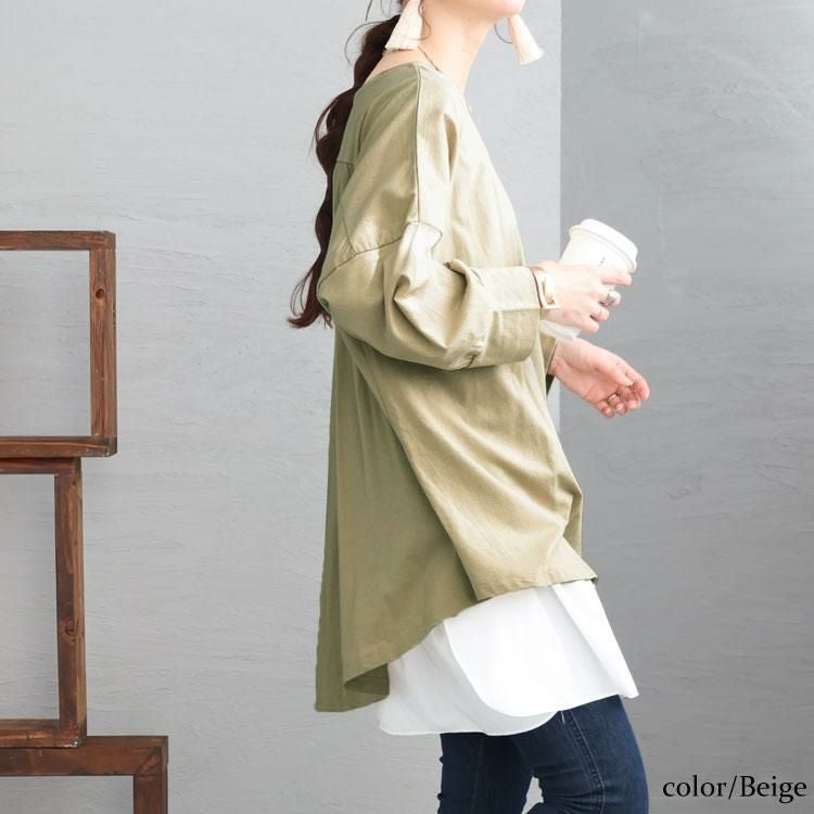 大きいサイズ レディース アシメトリー裾タックＴシャツ　wk-0166 ベージュ