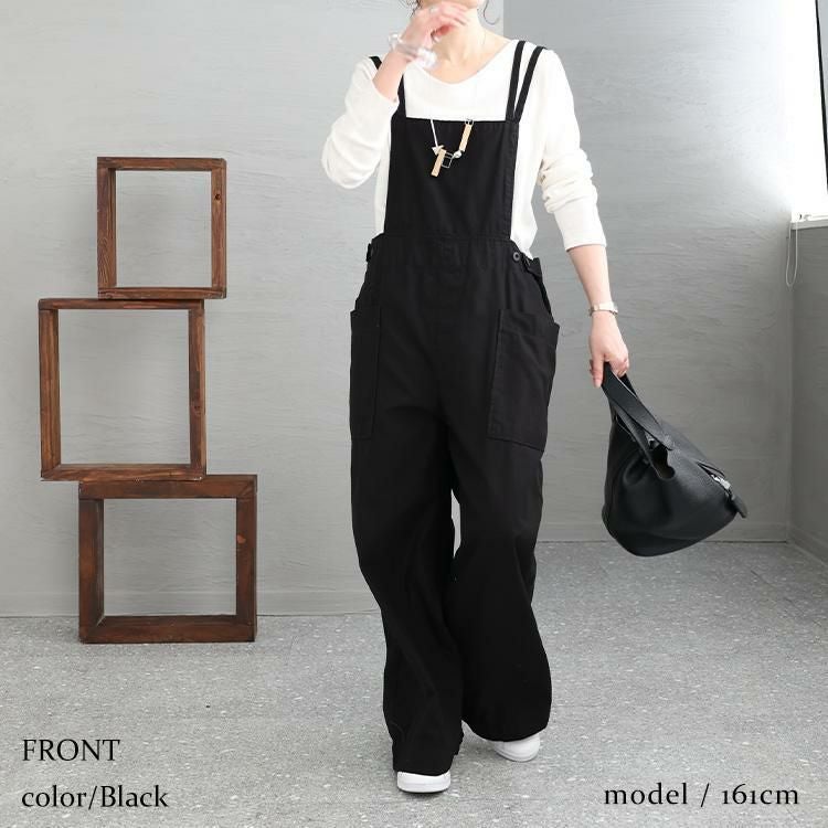 大きいサイズ レディース サイドビッグポケットサロペットパンツ　wc-0295 ブラック