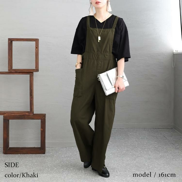 大きいサイズ レディース サイドビッグポケットサロペットパンツ　wc-0295 カーキ