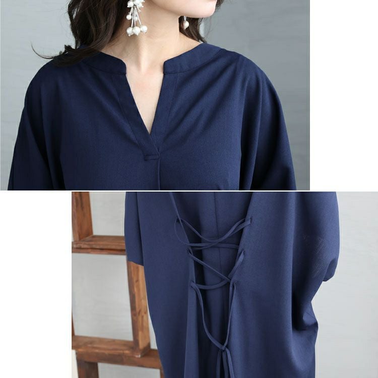 大きいサイズ レディース 後編み上げ半袖シャツチュニック　bai-0134