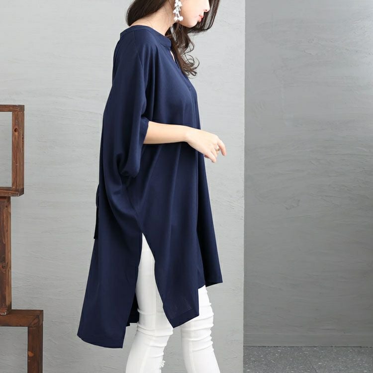 大きいサイズ レディース 後編み上げ半袖シャツチュニック　bai-0134