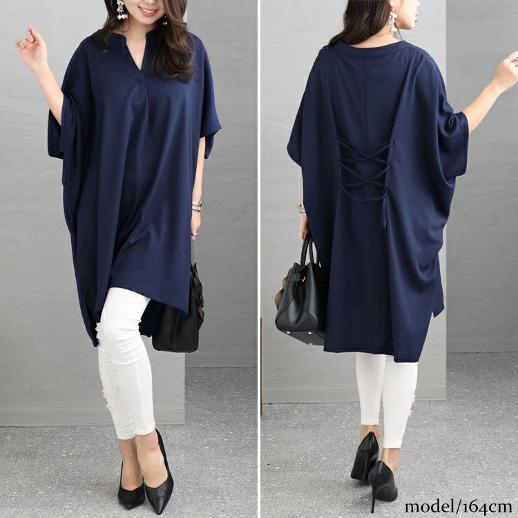 大きいサイズ レディース 後編み上げ半袖シャツチュニック　bai-0134