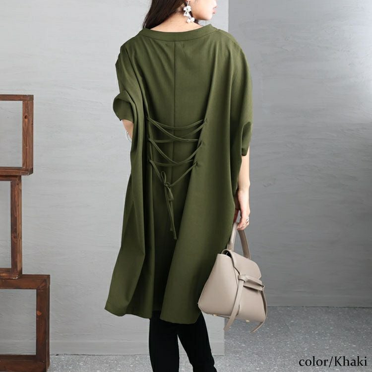 大きいサイズ レディース 後編み上げ半袖シャツチュニック　bai-0134