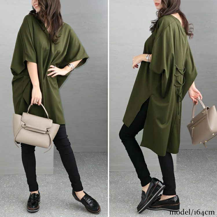 大きいサイズ レディース 後編み上げ半袖シャツチュニック　bai-0134