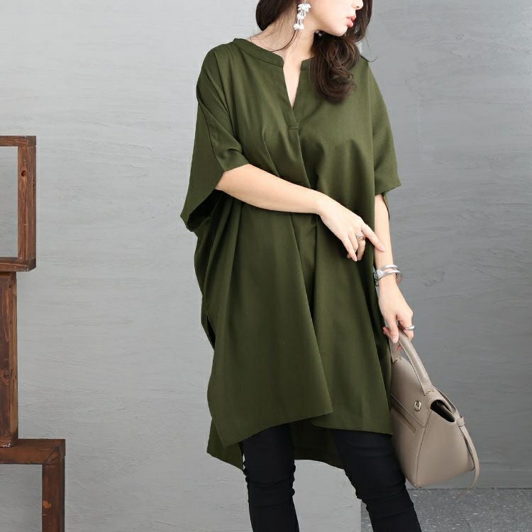 大きいサイズ レディース 後編み上げ半袖シャツチュニック　bai-0134