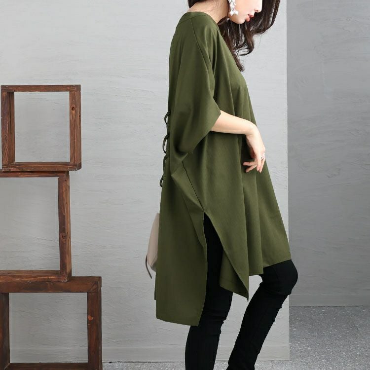 大きいサイズ レディース 後編み上げ半袖シャツチュニック　bai-0134