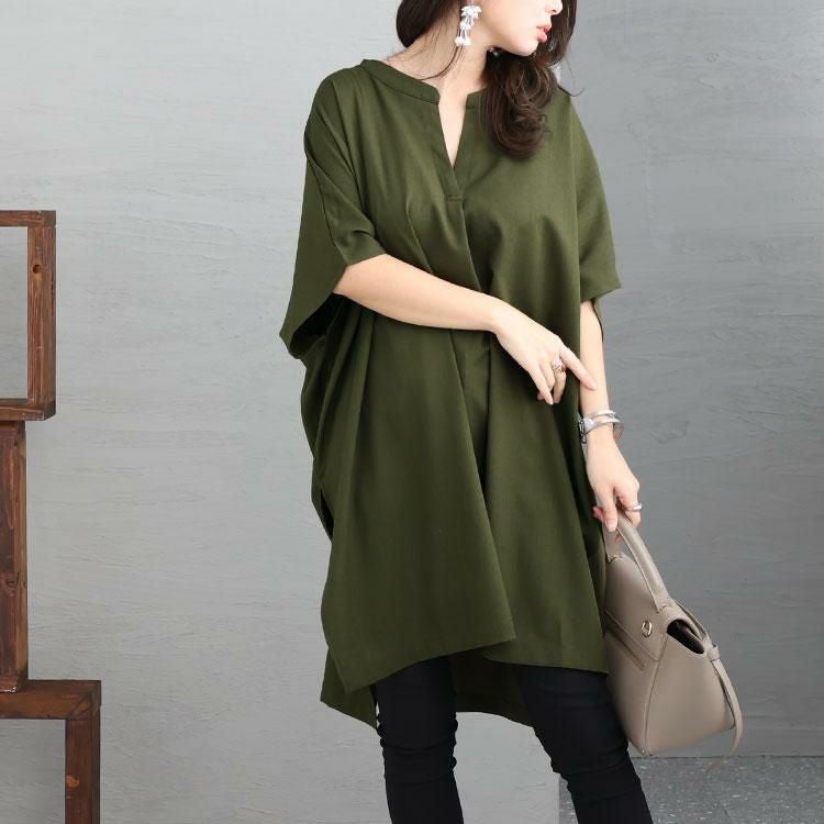 大きいサイズ レディース 後編み上げ半袖シャツチュニック　bai-0134 カーキ