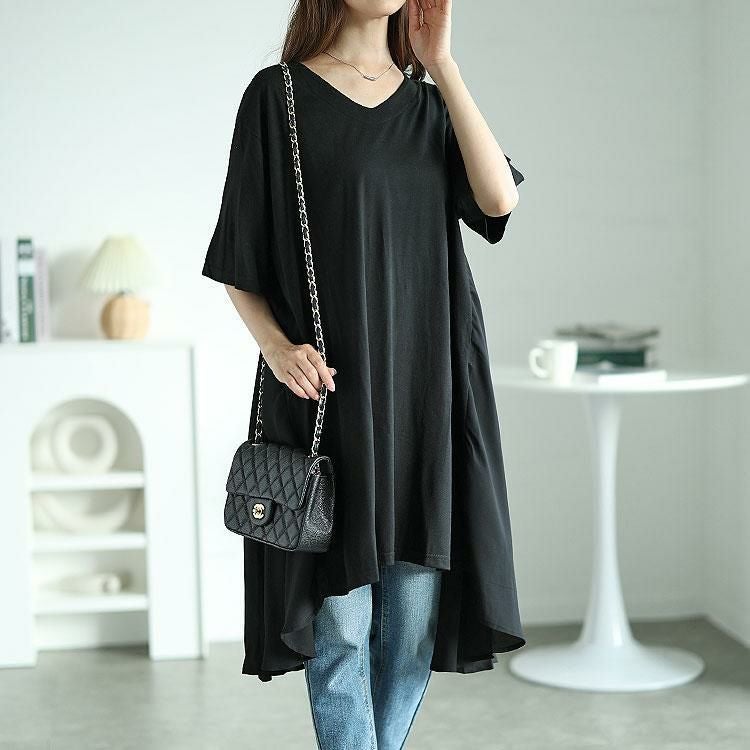 大きいサイズ レディース 異素材テールカットチュニック　mncut-122248f ブラック