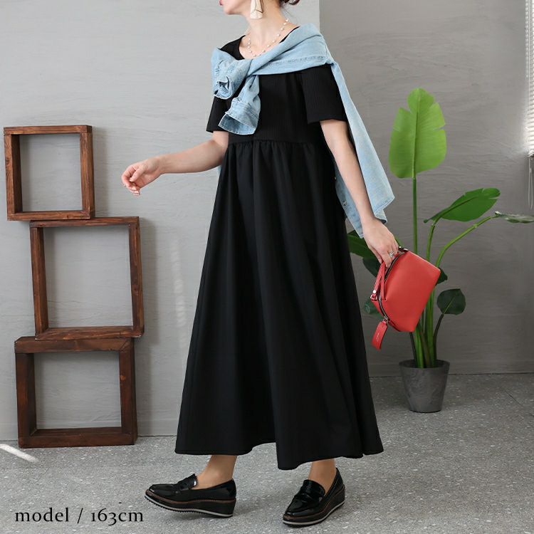 大きいサイズ レディース 異素材切替えギャザーワンピース　nw-23006