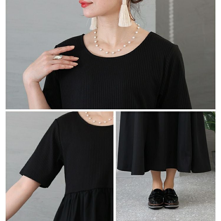 大きいサイズ レディース 異素材切替えギャザーワンピース　nw-23006