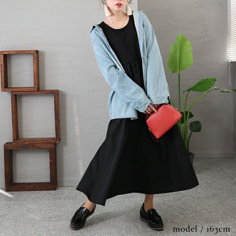 大きいサイズ レディース 異素材切替えギャザーワンピース　nw-23006