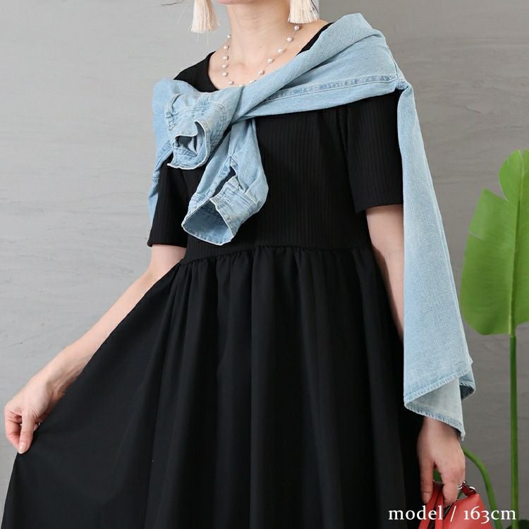 大きいサイズ レディース 異素材切替えギャザーワンピース　nw-23006