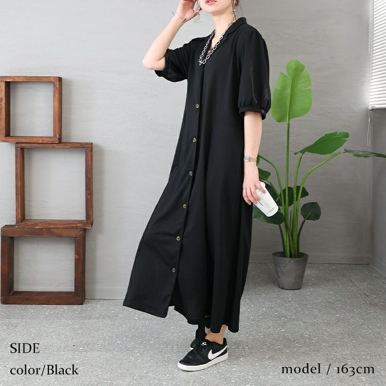 大きいサイズ レディース パフスリーブ開襟シャツワンピース　nw-23004