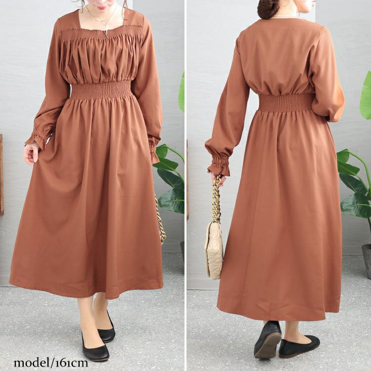 大きいサイズ レディース スクエアネックシャーリングワンピース　maru-6654