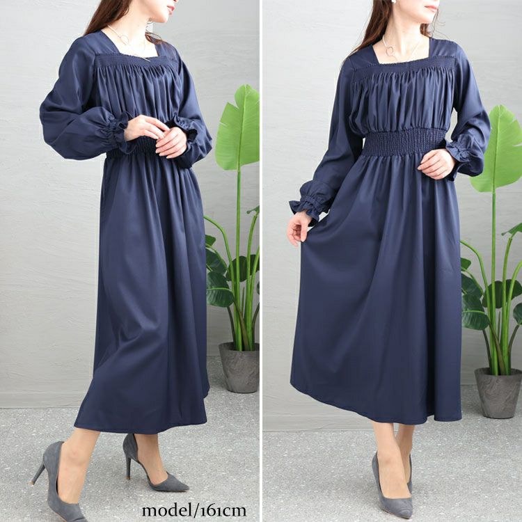 大きいサイズ レディース スクエアネックシャーリングワンピース　maru-6654