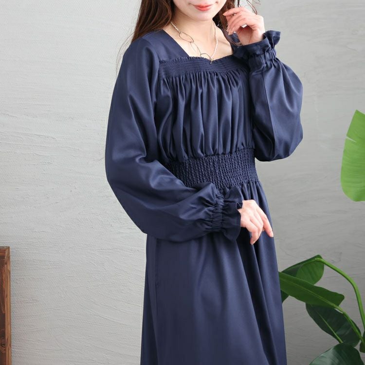 大きいサイズ レディース スクエアネックシャーリングワンピース　maru-6654