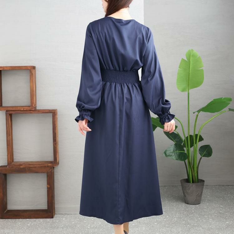 大きいサイズ レディース スクエアネックシャーリングワンピース　maru-6654 ネイビー