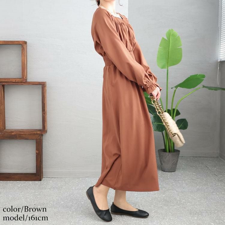 大きいサイズ レディース スクエアネックシャーリングワンピース　maru-6654 ブラウン