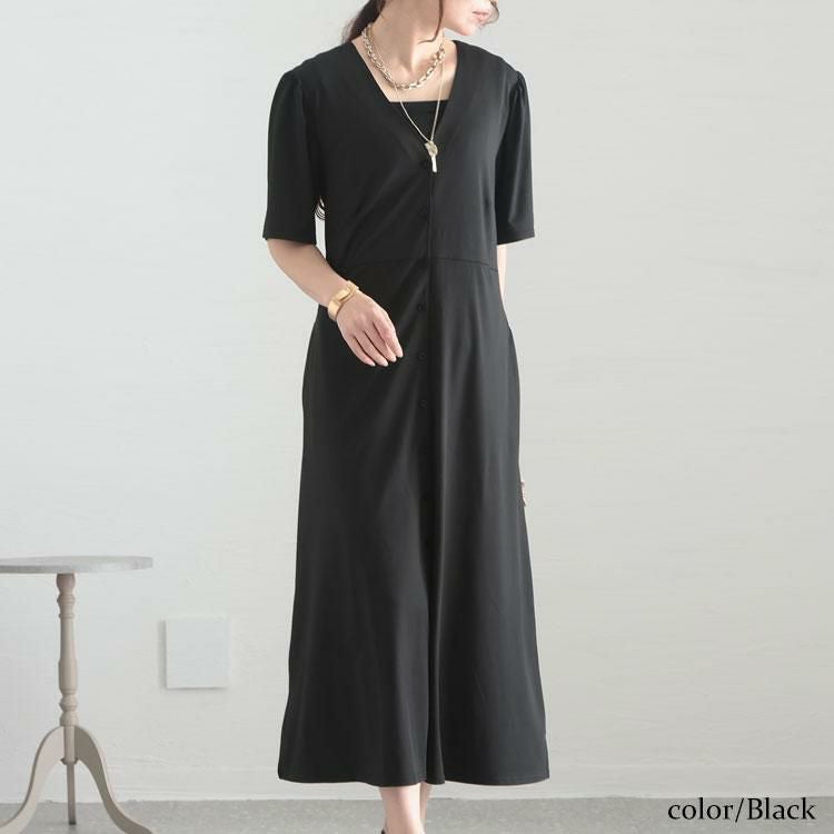 大きいサイズ レディース とろみ前開きワンピース　sw-0519 ブラック