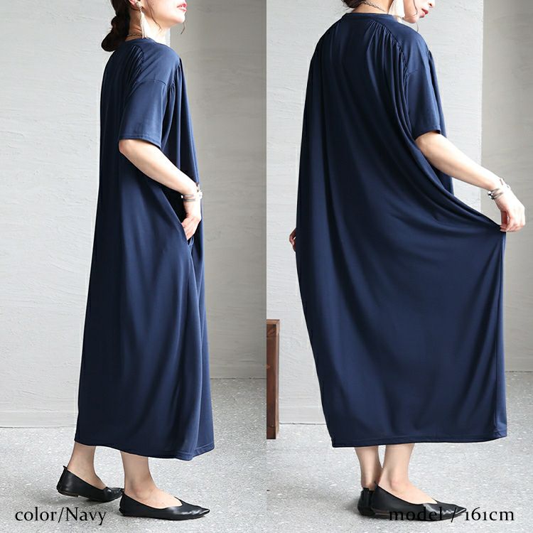 【美品】セオリーリュクス コクーンシルエットワンピース ストレッチとろみ素材 紺 大きいサイズ レディース 接触冷感コクーンワンピース sw-0529