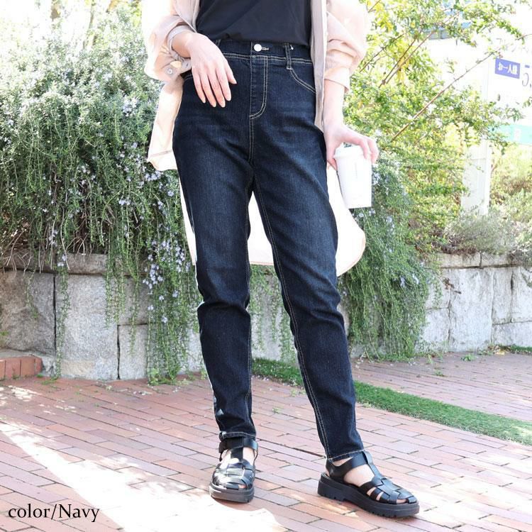 大きいサイズ レディース 接触冷感プルオンスキニーデニム　tkb-141463129 ネイビー