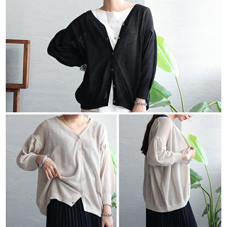 大きいサイズ レディース メッシュ編みVネックカーディガン　wn-0137