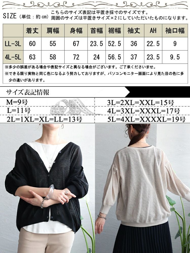 大きいサイズ レディース メッシュ編みVネックカーディガン　wn-0137